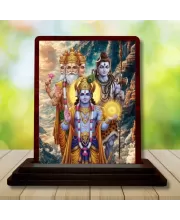 Car Desk/Table Top Lord Bramha Vishnu Shiva Wooden Photo Stand  3x4 Inches, Compact & Stylish Spiritual Display For Car, Home & Office (Pack Of 1) (F14289)