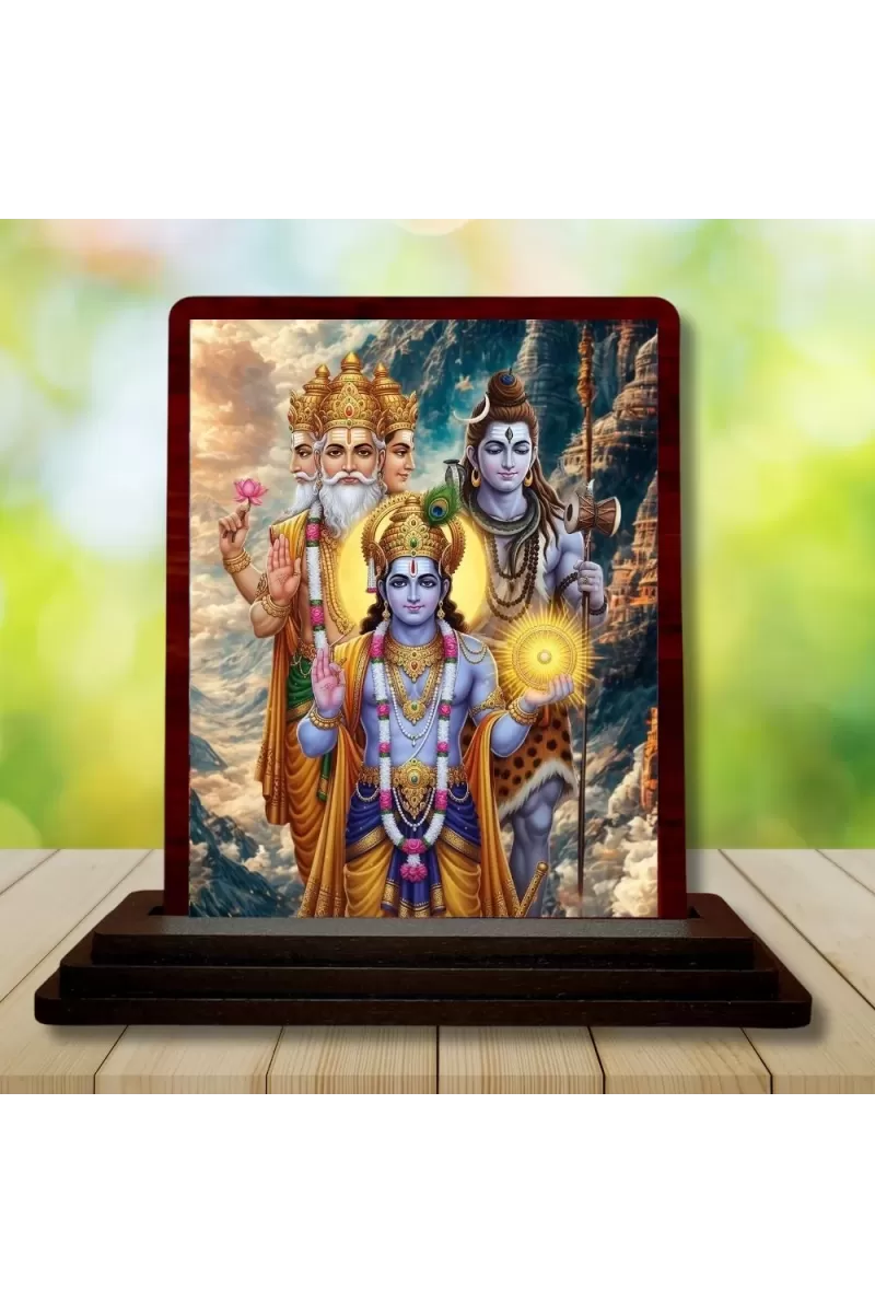Car Desk/Table Top Lord Bramha Vishnu Shiva Wooden Photo Stand  3x4 Inches, Compact & Stylish Spiritual Display For Car, Home & Office (Pack Of 1) (F14289)