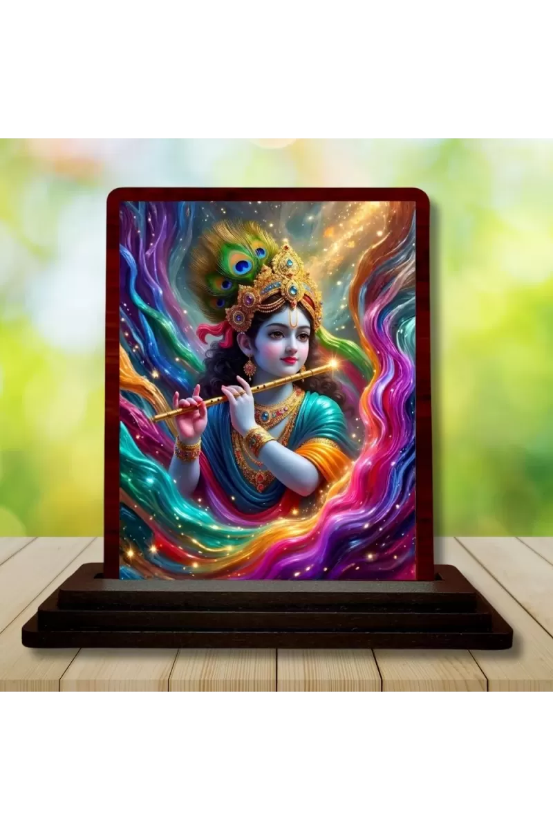 Car Desk/Table Top Lord Krishna Wooden Photo Stand  3x4 Inches, Compact & Stylish Spiritual Display For Car, Home & Office (Pack Of 1) (F14290)