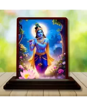 Car Desk/Table Top Lord Krishna Wooden Photo Stand  3x4 Inches, Compact & Stylish Spiritual Display For Car, Home & Office (Pack Of 1) (F14291)