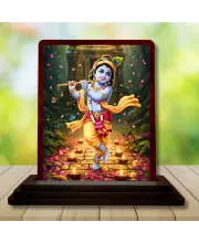 Car Desk/Table Top Lord Krishna Wooden Photo Stand  3x4 Inches, Compact & Stylish Spiritual Display For Car, Home & Office (Pack Of 1) (F14297)