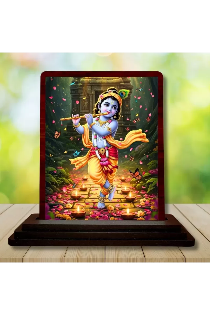 Car Desk/Table Top Lord Krishna Wooden Photo Stand  3x4 Inches, Compact & Stylish Spiritual Display For Car, Home & Office (Pack Of 1) (F14297)
