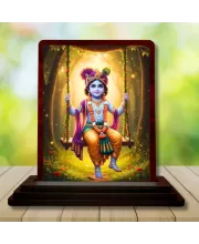 Car Desk/Table Top Lord Krishna Wooden Photo Stand  3x4 Inches, Compact & Stylish Spiritual Display For Car, Home & Office (Pack Of 1) (F14298)