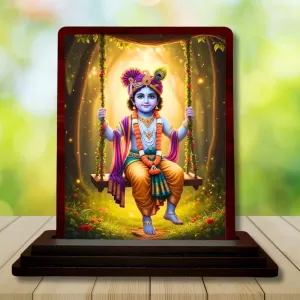 Car Desk/Table Top Lord Krishna Wooden Photo Stand  3x4 Inches, Compact & Stylish Spiritual Display For Car, Home & Office (Pack Of 1) (F14298)