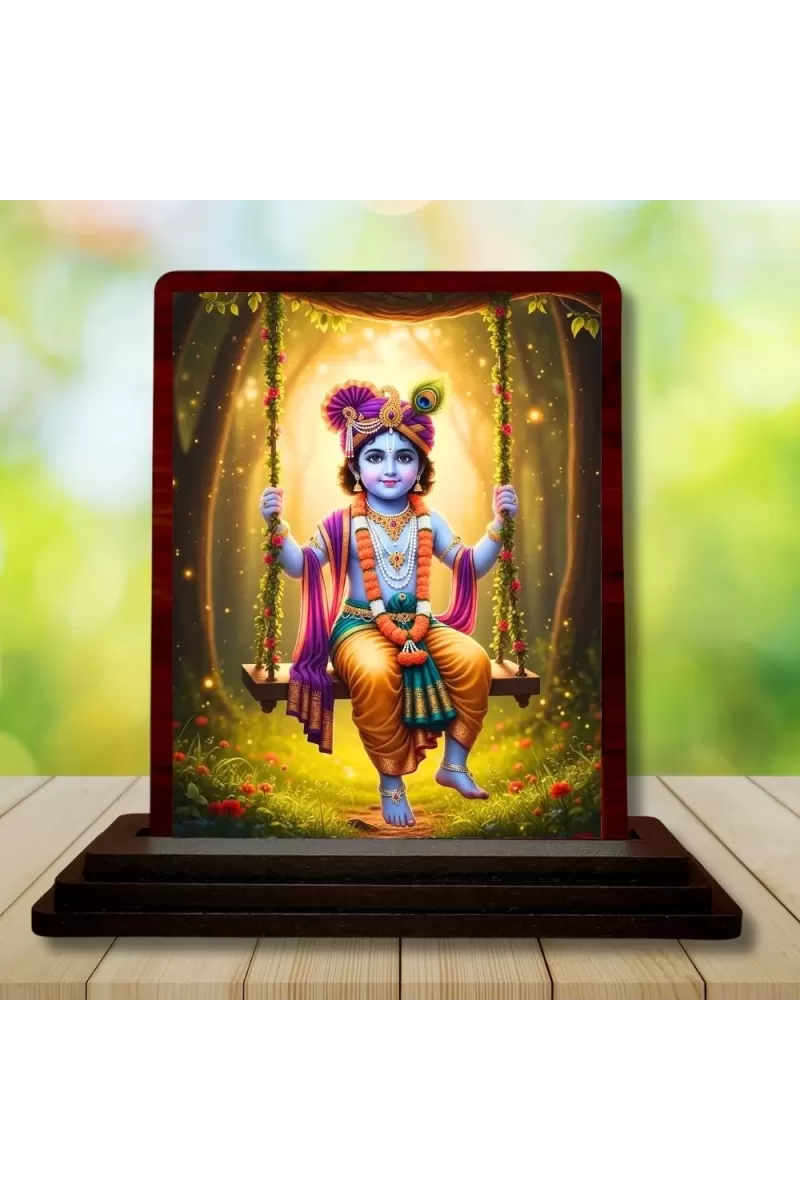 Car Desk/Table Top Lord Krishna Wooden Photo Stand  3x4 Inches, Compact & Stylish Spiritual Display For Car, Home & Office (Pack Of 1) (F14298)