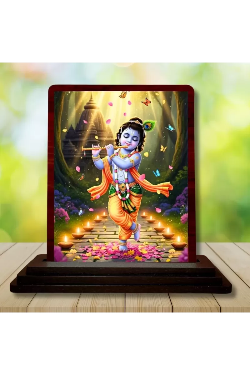 Car Desk/Table Top Lord Krishna Wooden Photo Stand  3x4 Inches, Compact & Stylish Spiritual Display For Car, Home & Office (Pack Of 1) (F14299)