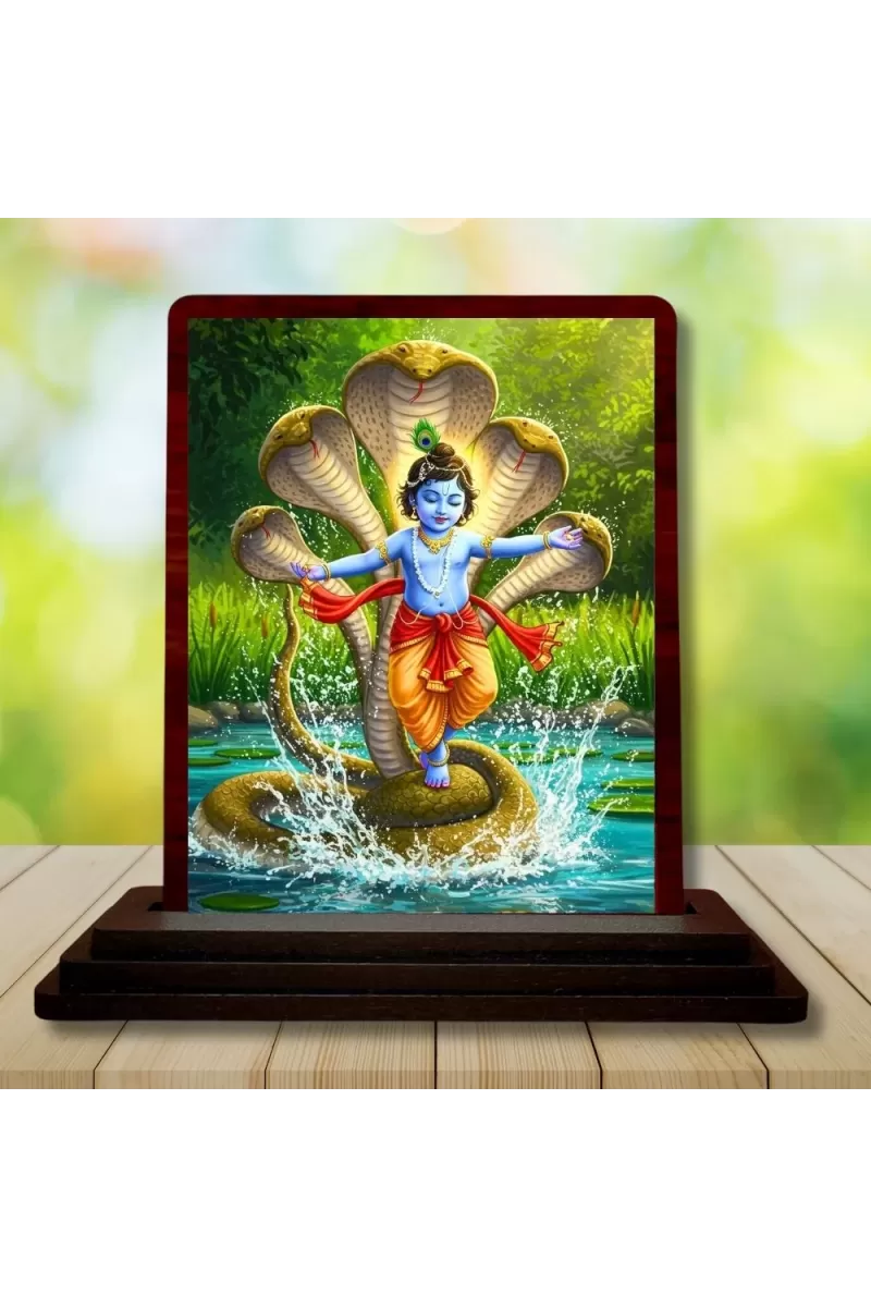 Car Desk/Table Top Lord Krishna Wooden Photo Stand  3x4 Inches, Compact & Stylish Spiritual Display For Car, Home & Office (Pack Of 1) (F14300)