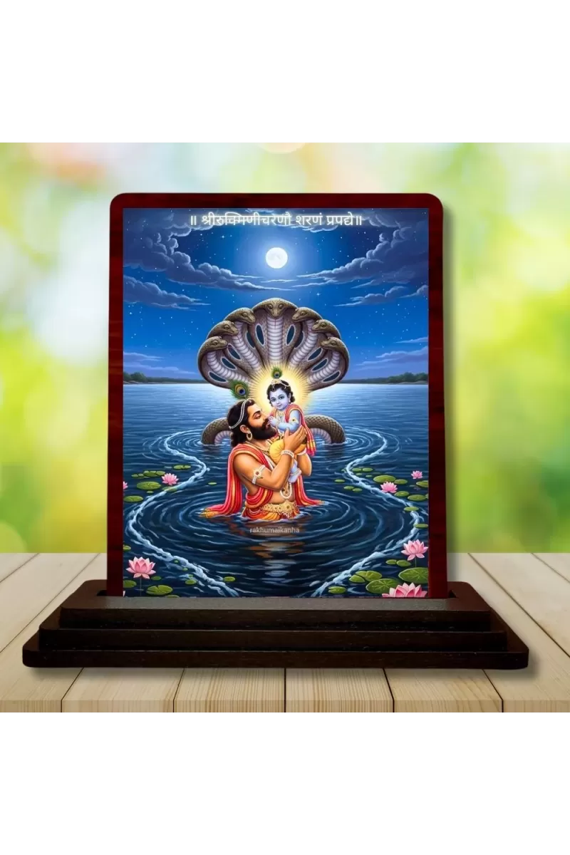 Car Desk/Table Top Lord Krishna Wooden Photo Stand  3x4 Inches, Compact & Stylish Spiritual Display For Car, Home & Office (Pack Of 1) (F14301)