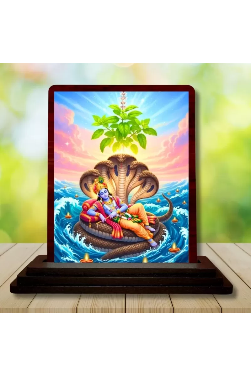 Car Desk/Table Top Lord Vishnu And Lakshmi Wooden Photo Stand  3x4 Inches, Compact & Stylish Spiritual Display For Car, Home & Office (Pack Of 1) (F14302)