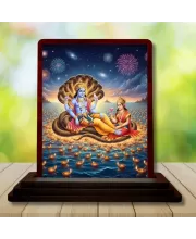 Car Desk/Table Top Lord Vishnu And Lakshmi Wooden Photo Stand  3x4 Inches, Compact & Stylish Spiritual Display For Car, Home & Office (Pack Of 1) (F14303)