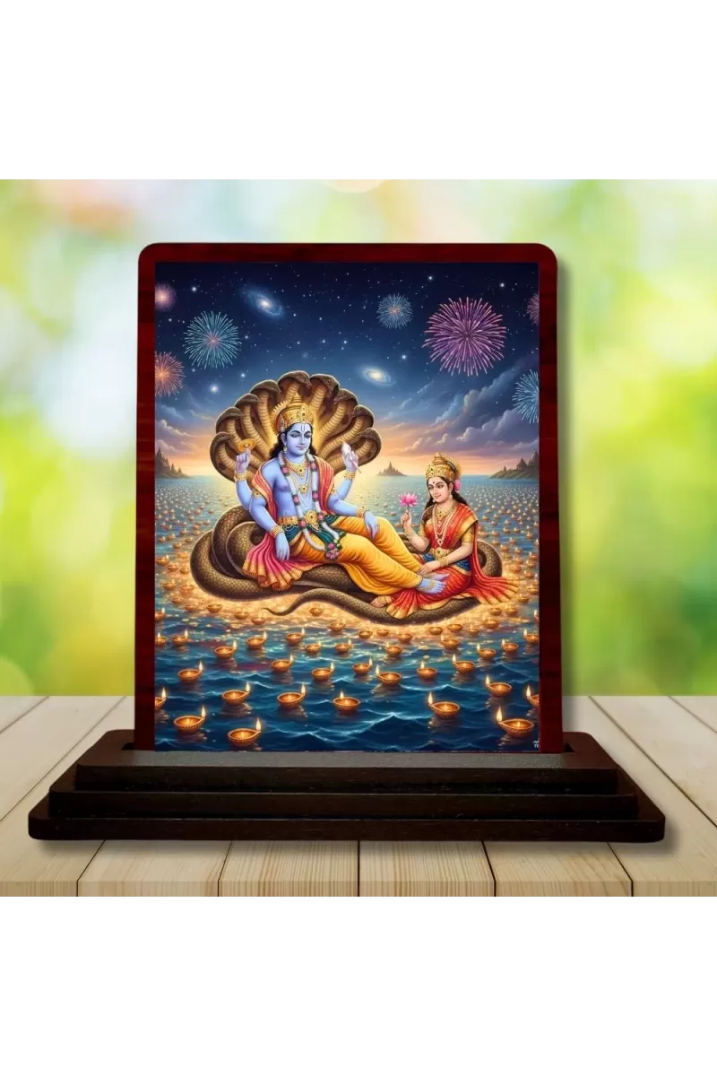 Car Desk/Table Top Lord Vishnu And Lakshmi Wooden Photo Stand  3x4 Inches, Compact & Stylish Spiritual Display For Car, Home & Office (Pack Of 1) (F14303)