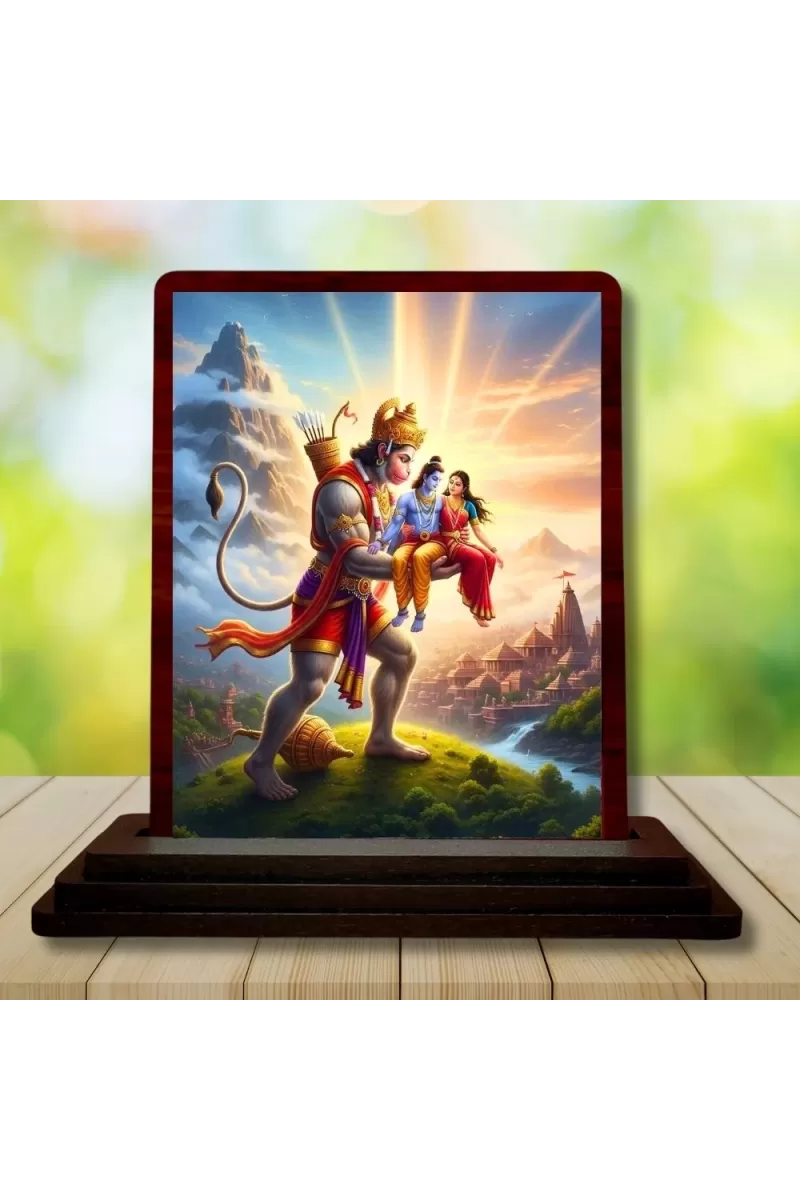 Car Desk/Table Top Lord Hanuman And Rama And Sita Wooden Photo Stand  3x4 Inches, Compact & Stylish Spiritual Display For Car, Home & Office (Pack Of 1) (F14304)
