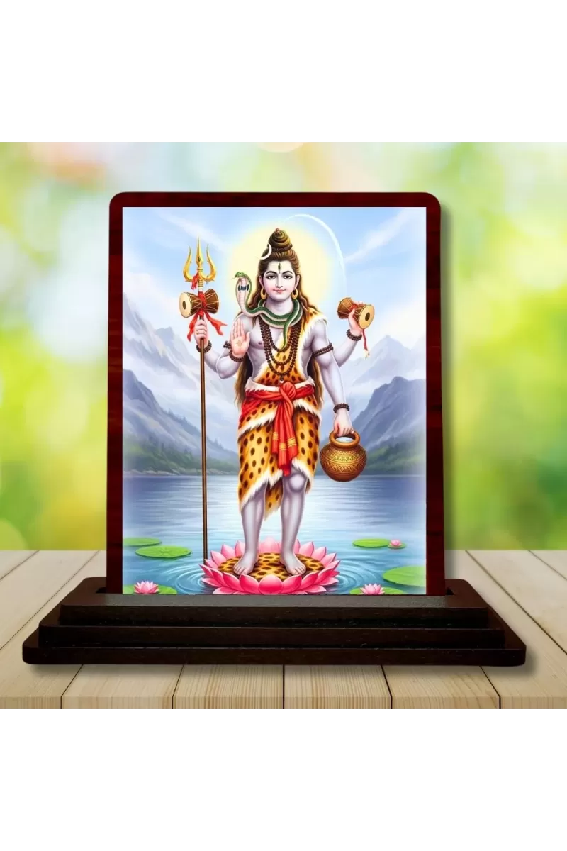 Car Desk/Table Top Lord Shiva Wooden Photo Stand  3x4 Inches, Compact & Stylish Spiritual Display For Car, Home & Office (Pack Of 1) (F14305)