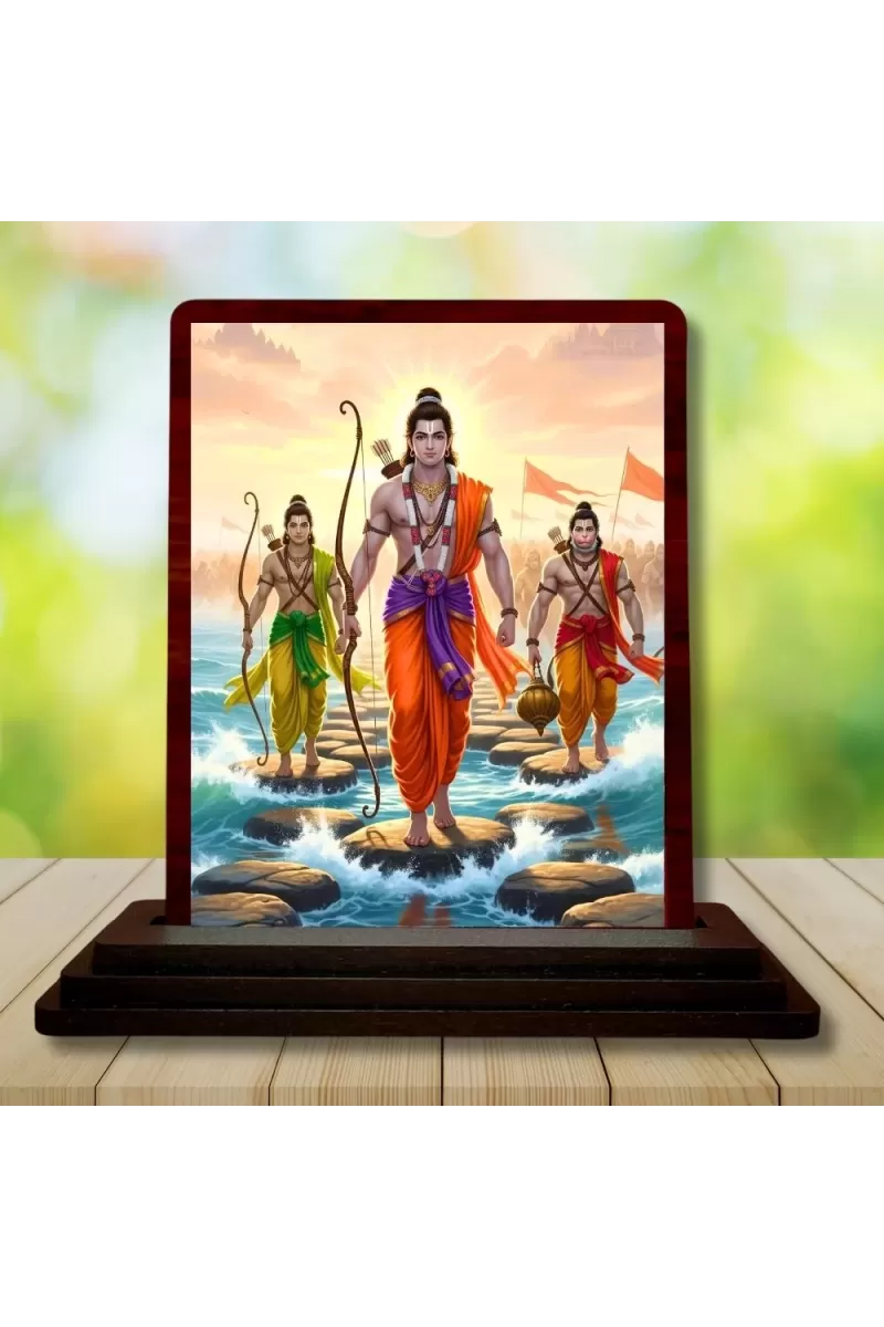 Car Desk/Table Top Lord Rama And Hanuman And Lakshman Wooden Photo Stand  3x4 Inches, Compact & Stylish Spiritual Display For Car, Home & Office (Pack Of 1) (F14306)