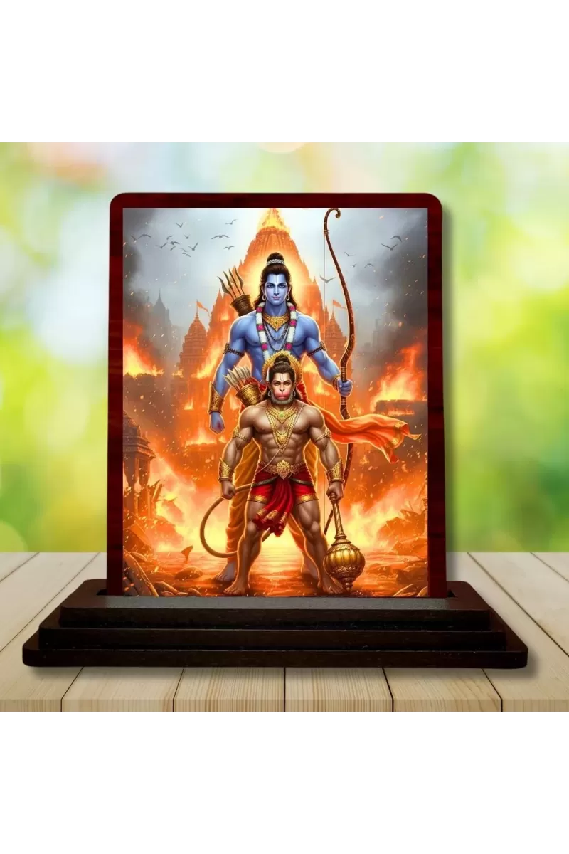 Car Desk/Table Top Lord Rama And Hanuman Wooden Photo Stand  3x4 Inches, Compact & Stylish Spiritual Display For Car, Home & Office (Pack Of 1) (F14307)