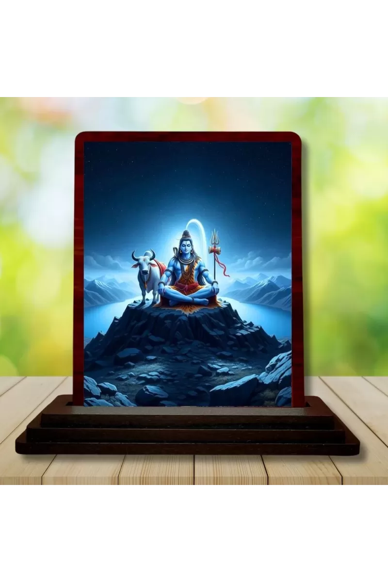 Car Desk/Table Top Lord Shiva Wooden Photo Stand  3x4 Inches, Compact & Stylish Spiritual Display For Car, Home & Office (Pack Of 1) (F14308)