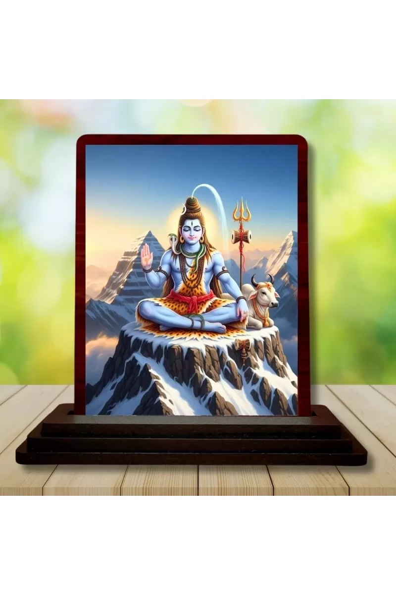 Car Desk/Table Top Lord Shiva Wooden Photo Stand  3x4 Inches, Compact & Stylish Spiritual Display For Car, Home & Office (Pack Of 1) (F14309)