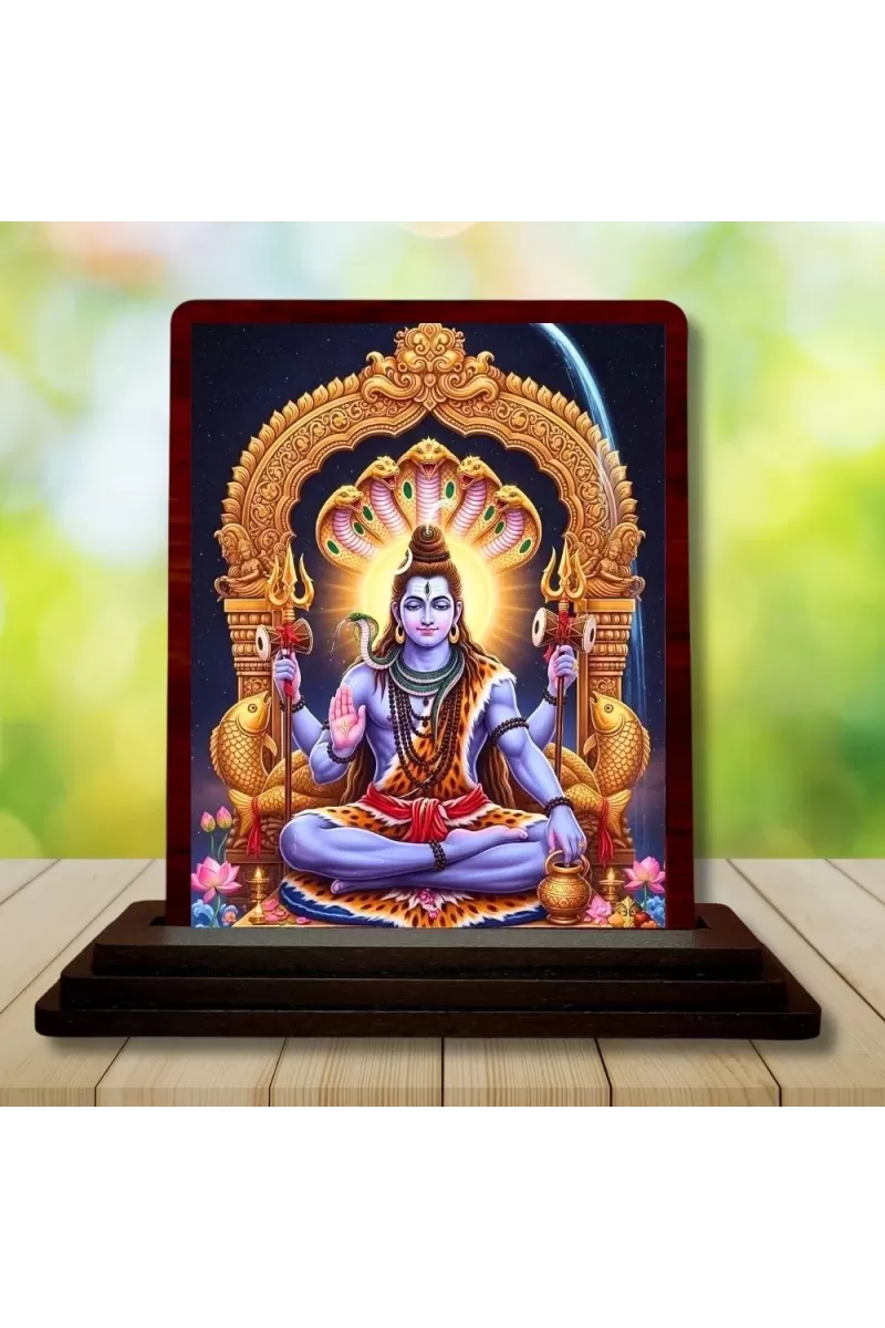 Car Desk/Table Top Lord Shiva Wooden Photo Stand  3x4 Inches, Compact & Stylish Spiritual Display For Car, Home & Office (Pack Of 1) (F14310)