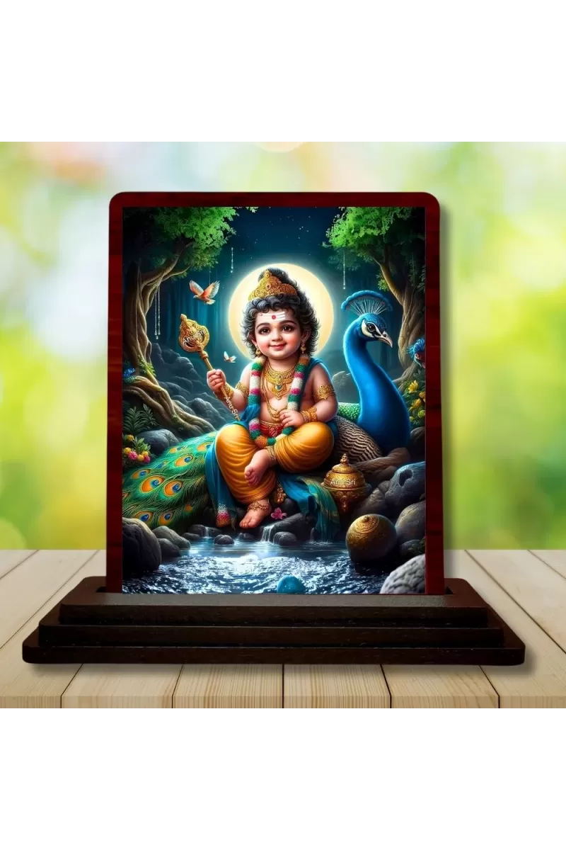 Car Desk/Table Top Lord Murugan Wooden Photo Stand  3x4 Inches, Compact & Stylish Spiritual Display For Car, Home & Office (Pack Of 1) (F14314)