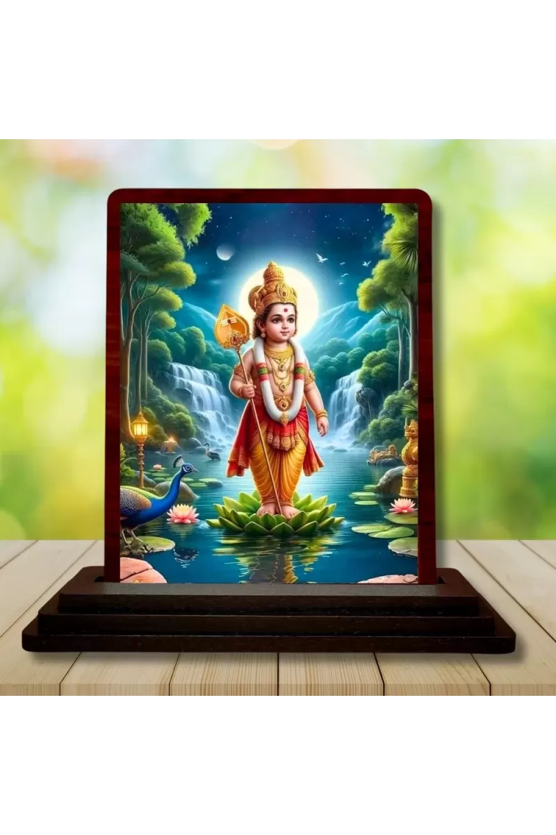 Car Desk/Table Top Lord Karthikeya Wooden Photo Stand  3x4 Inches, Compact & Stylish Spiritual Display For Car, Home & Office (Pack Of 1) (F14316)