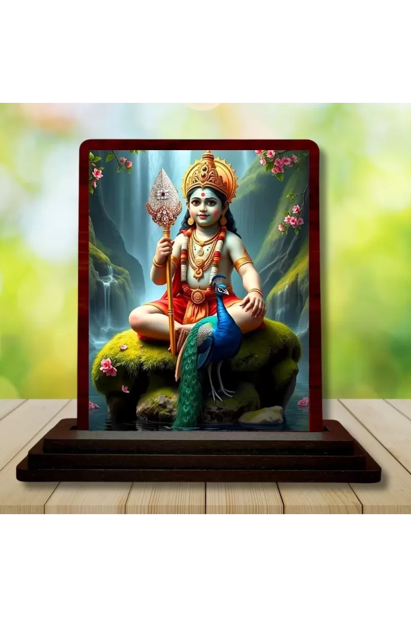 Car Desk/Table Top Lord Karthikeya Wooden Photo Stand  3x4 Inches, Compact & Stylish Spiritual Display For Car, Home & Office (Pack Of 1) (F14317)