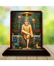Car Desk/Table Top Lord Saibaba Wooden Photo Stand  3x4 Inches, Compact & Stylish Spiritual Display For Car, Home & Office (Pack Of 1) (F14322)