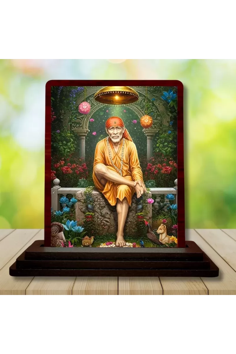 Car Desk/Table Top Lord Saibaba Wooden Photo Stand  3x4 Inches, Compact & Stylish Spiritual Display For Car, Home & Office (Pack Of 1) (F14322)