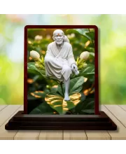 Car Desk/Table Top Lord Saibaba Wooden Photo Stand  3x4 Inches, Compact & Stylish Spiritual Display For Car, Home & Office (Pack Of 1) (F14323)