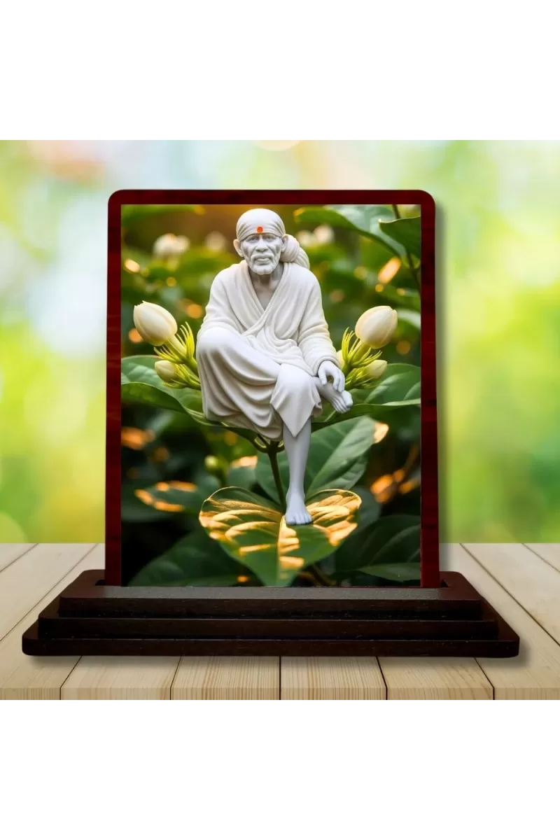Car Desk/Table Top Lord Saibaba Wooden Photo Stand  3x4 Inches, Compact & Stylish Spiritual Display For Car, Home & Office (Pack Of 1) (F14323)