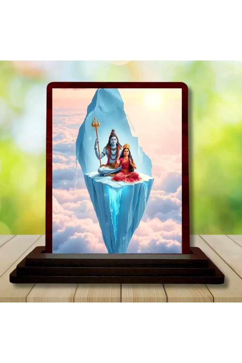 Car Desk/Table Top Lord Shiva And Parvathi Wooden Photo Stand  3x4 Inches, Compact & Stylish Spiritual Display For Car, Home & Office (Pack Of 1) (F14324)