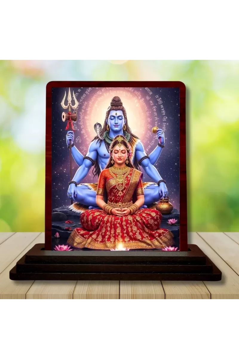 Car Desk/Table Top Lord Shiva And Parvathi Wooden Photo Stand  3x4 Inches, Compact & Stylish Spiritual Display For Car, Home & Office (Pack Of 1) (F14325)