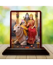 Car Desk/Table Top Lord Shiva And Parvathi Wooden Photo Stand  3x4 Inches, Compact & Stylish Spiritual Display For Car, Home & Office (Pack Of 1) (F14326)