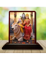 Car Desk/Table Top Lord Shiva And Parvathi Wooden Photo Stand  3x4 Inches, Compact & Stylish Spiritual Display For Car, Home & Office (Pack Of 1) (F14326)