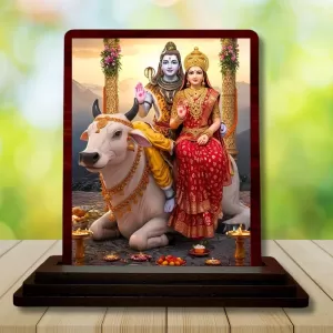 Car Desk/Table Top Lord Shiva And Parvathi Wooden Photo Stand  3x4 Inches, Compact & Stylish Spiritual Display For Car, Home & Office (Pack Of 1) (F14326)