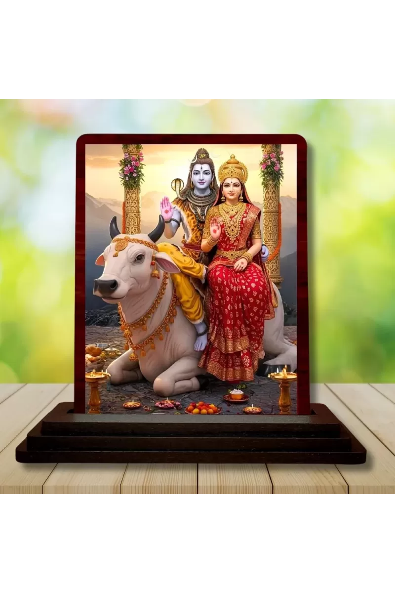 Car Desk/Table Top Lord Shiva And Parvathi Wooden Photo Stand  3x4 Inches, Compact & Stylish Spiritual Display For Car, Home & Office (Pack Of 1) (F14326)