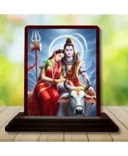 Car Desk/Table Top Lord Shiva And Parvathi Wooden Photo Stand  3x4 Inches, Compact & Stylish Spiritual Display For Car, Home & Office (Pack Of 1) (F14327)