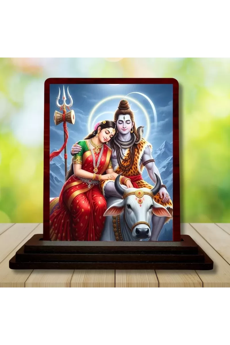 Car Desk/Table Top Lord Shiva And Parvathi Wooden Photo Stand  3x4 Inches, Compact & Stylish Spiritual Display For Car, Home & Office (Pack Of 1) (F14327)