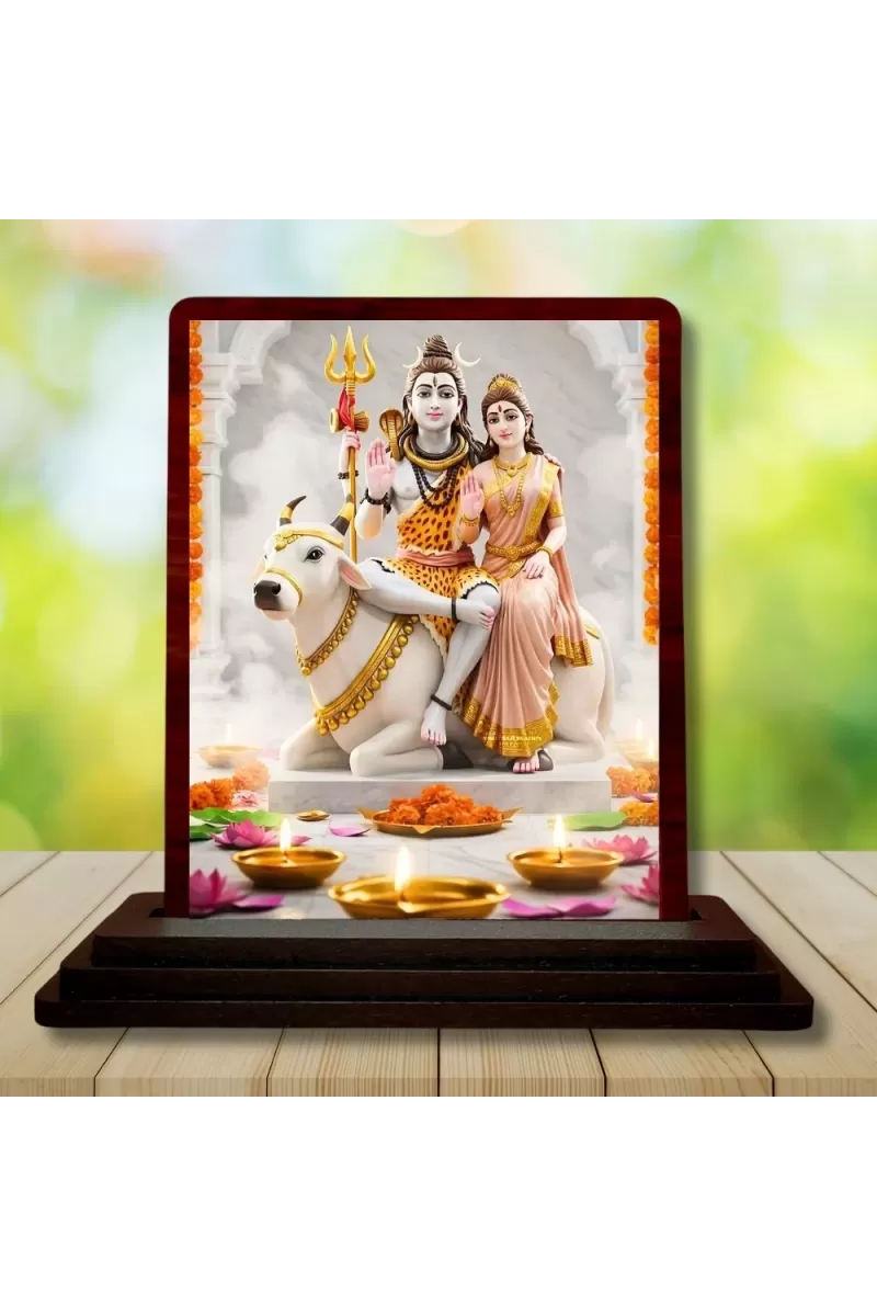 Car Desk/Table Top Lord Shiva And Parvathi Wooden Photo Stand  3x4 Inches, Compact & Stylish Spiritual Display For Car, Home & Office (Pack Of 1) (F14328)