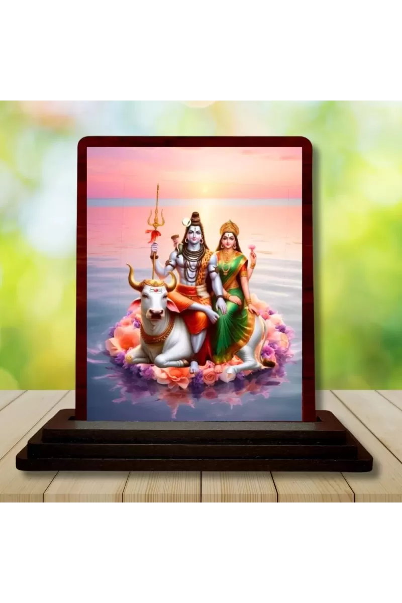 Car Desk/Table Top Lord Shiva And Parvathi Wooden Photo Stand  3x4 Inches, Compact & Stylish Spiritual Display For Car, Home & Office (Pack Of 1) (F14329)
