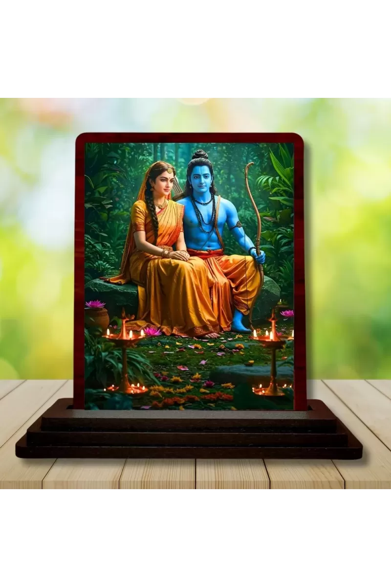 Car Desk/Table Top Lord Rama And Sita Wooden Photo Stand  3x4 Inches, Compact & Stylish Spiritual Display For Car, Home & Office (Pack Of 1) (F14331)