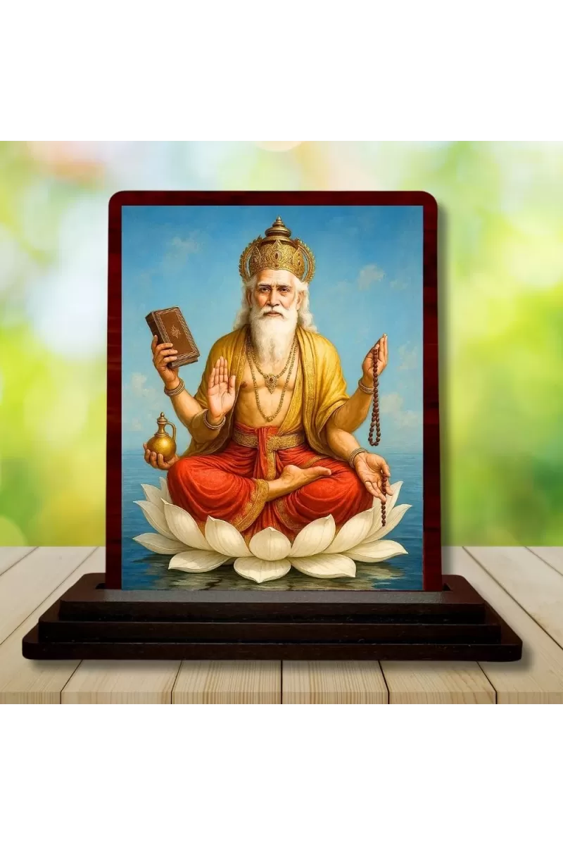 Car Desk/Table Top Lord Bramha Wooden Photo Stand  3x4 Inches, Compact & Stylish Spiritual Display For Car, Home & Office (Pack Of 1) (F14332)