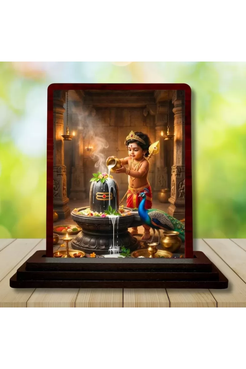 Car Desk/Table Top Lord Karthikeya With Shivalingam Wooden Photo Stand  3x4 Inches, Compact & Stylish Spiritual Display For Car, Home & Office (Pack Of 1) (F14335)