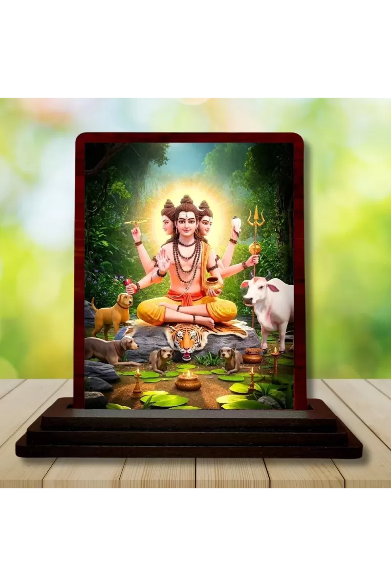 Car Desk/Table Top Lord Dattatreya Wooden Photo Stand  3x4 Inches, Compact & Stylish Spiritual Display For Car, Home & Office (Pack Of 1) (F14337)
