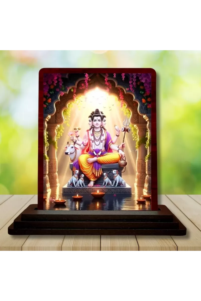 Car Desk/Table Top Lord Dattatreya Wooden Photo Stand  3x4 Inches, Compact & Stylish Spiritual Display For Car, Home & Office (Pack Of 1) (F14338)