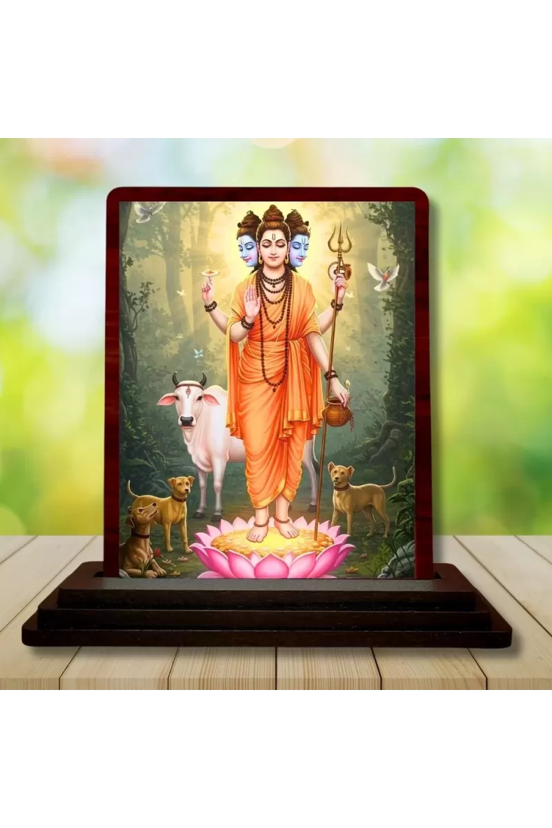 Car Desk/Table Top Lord Dattatreya Wooden Photo Stand  3x4 Inches, Compact & Stylish Spiritual Display For Car, Home & Office (Pack Of 1) (F14341)