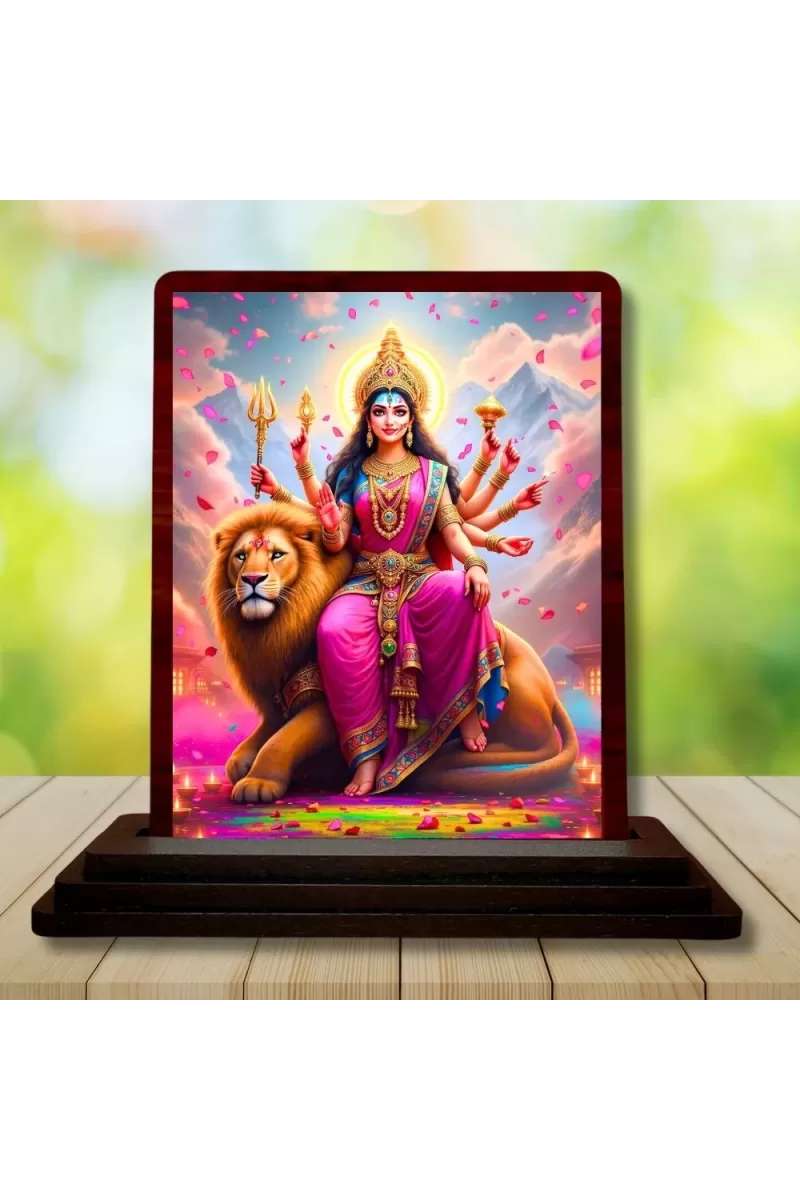Car Desk/Table Top Goddess Durga Wooden Photo Stand  3x4 Inches, Compact & Stylish Spiritual Display For Car, Home & Office (Pack Of 1) (F14346)
