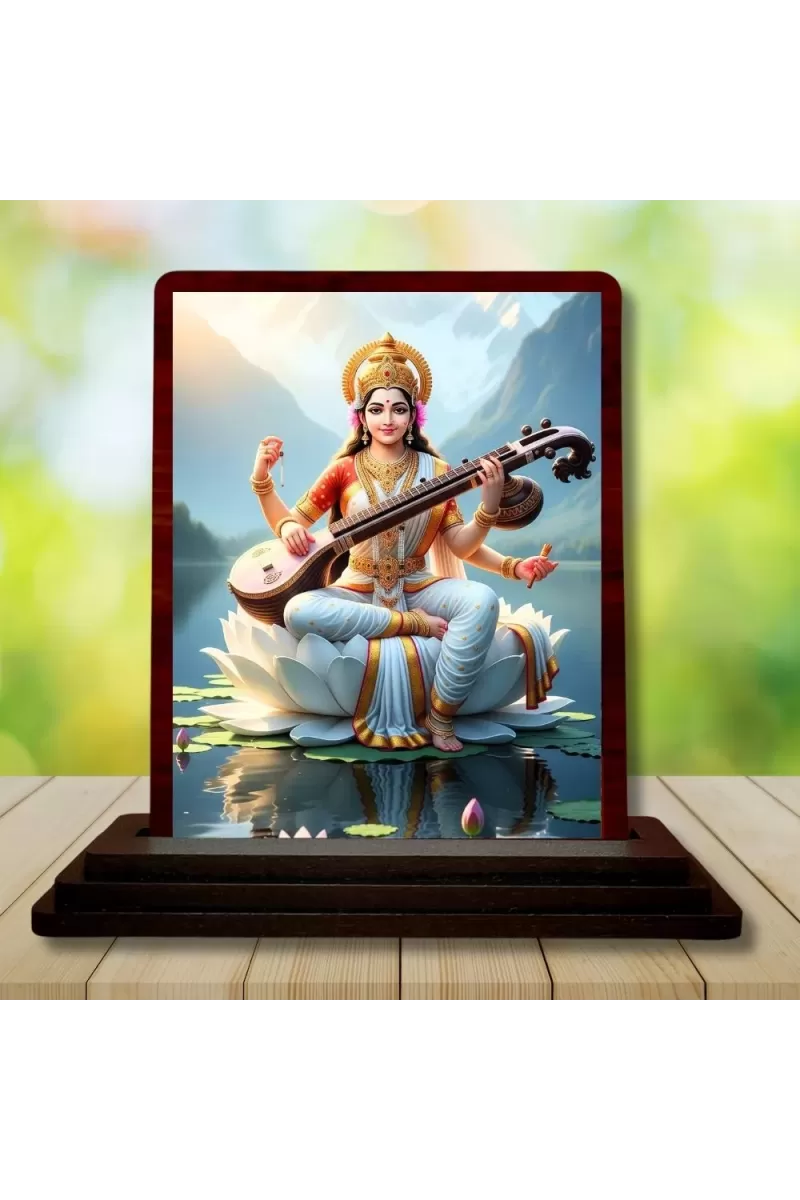 Car Desk/Table Top Lord Saraswathi Wooden Photo Stand  3x4 Inches, Compact & Stylish Spiritual Display For Car, Home & Office (Pack Of 1) (F14347)