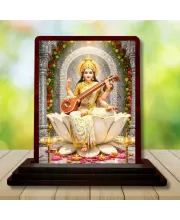 Car Desk/Table Top Lord Saraswathi Wooden Photo Stand  3x4 Inches, Compact & Stylish Spiritual Display For Car, Home & Office (Pack Of 1) (F14348)