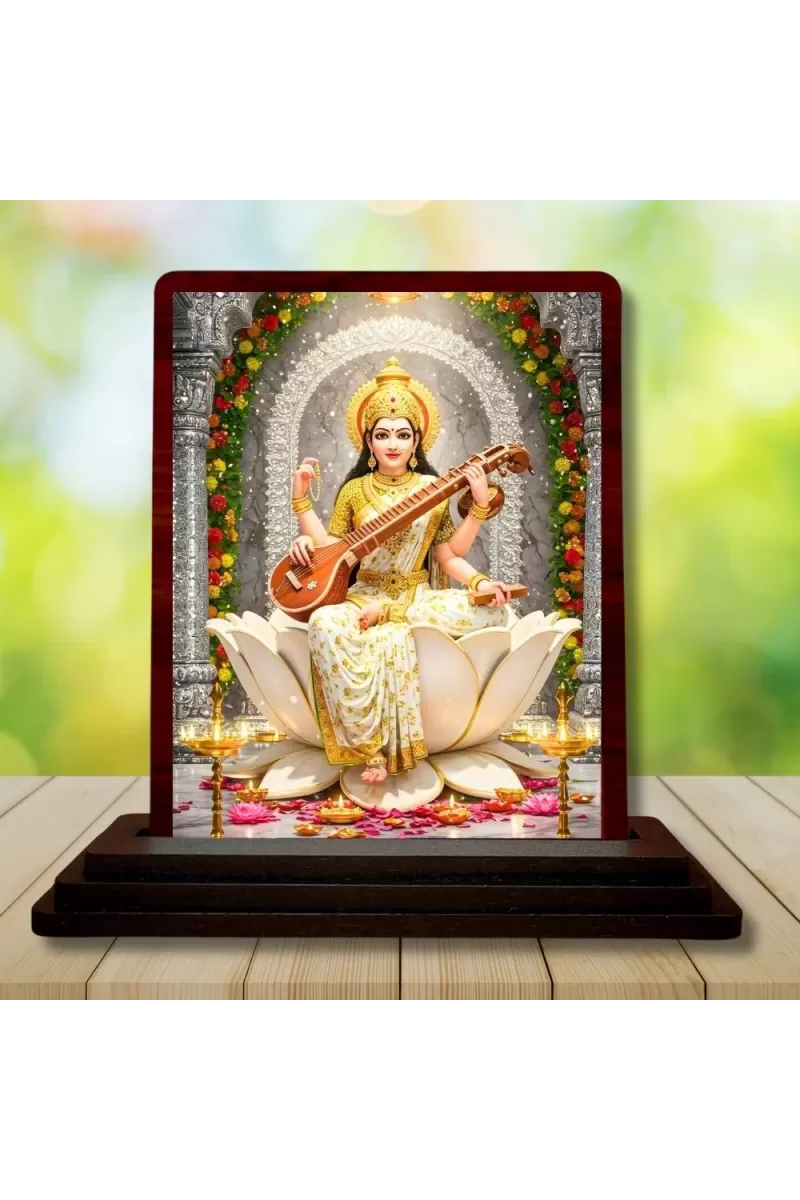 Car Desk/Table Top Lord Saraswathi Wooden Photo Stand  3x4 Inches, Compact & Stylish Spiritual Display For Car, Home & Office (Pack Of 1) (F14348)