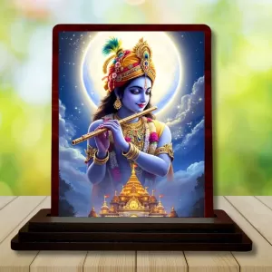 Car Desk/Table Top Lord Krishna Wooden Photo Stand  3x4 Inches, Compact & Stylish Spiritual Display For Car, Home & Office (Pack Of 1) (F14349)
